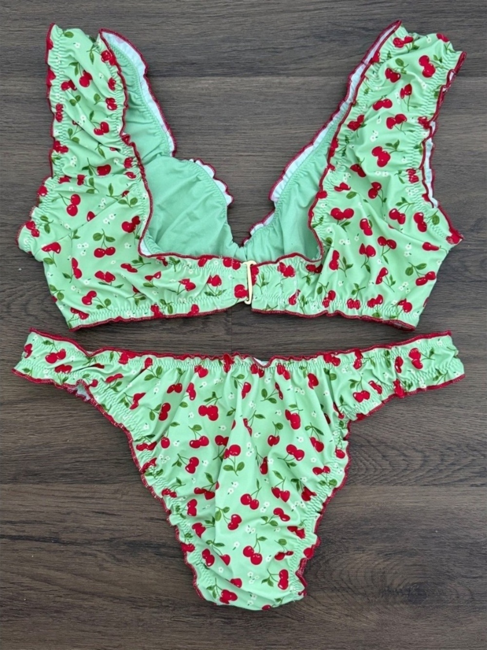 VS PINK x Frankies Bikinis Cherry Print Ruffle Bikini Set Mint Green M - Picture 3 of 3
